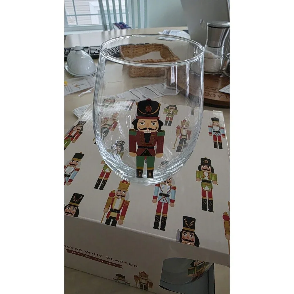 Home Essentials Winterberrie Lane Nutcracker Stemless Glasses Set of 4 New